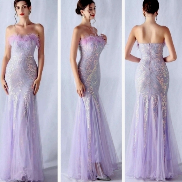 Purple, Geometric Print, Ostrich, Contrast Sequined Mermaid Maxi G… - Picture 5 of 15